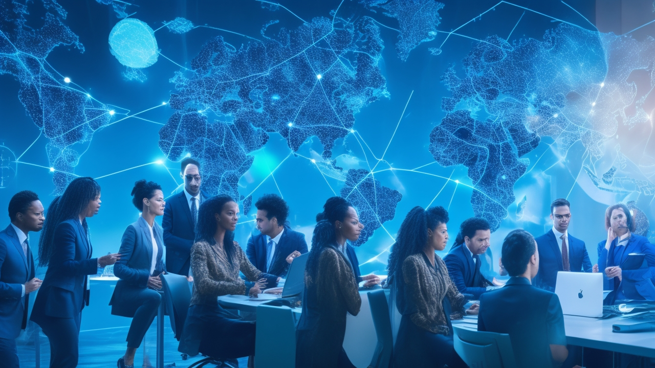 A dynamic, cinematic scene of a diverse team of professionals collaborating around a large, semi-transparent digital globe displaying interconnected data streams and glowing nodes, symbolizing seamless integration of global HR and payroll systems through APIs in a modern, high-tech office environment.