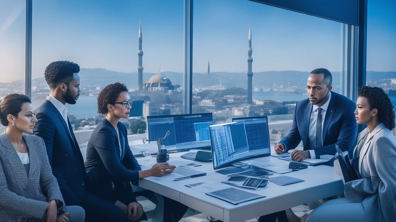 A dynamic, cinematic editorial photograph of a diverse team of professionals analyzing data and performance charts together in a modern office overlooking Istanbul’s skyline, symbolizing strategic HR analytics and EOR success in emerging markets like Turkey.