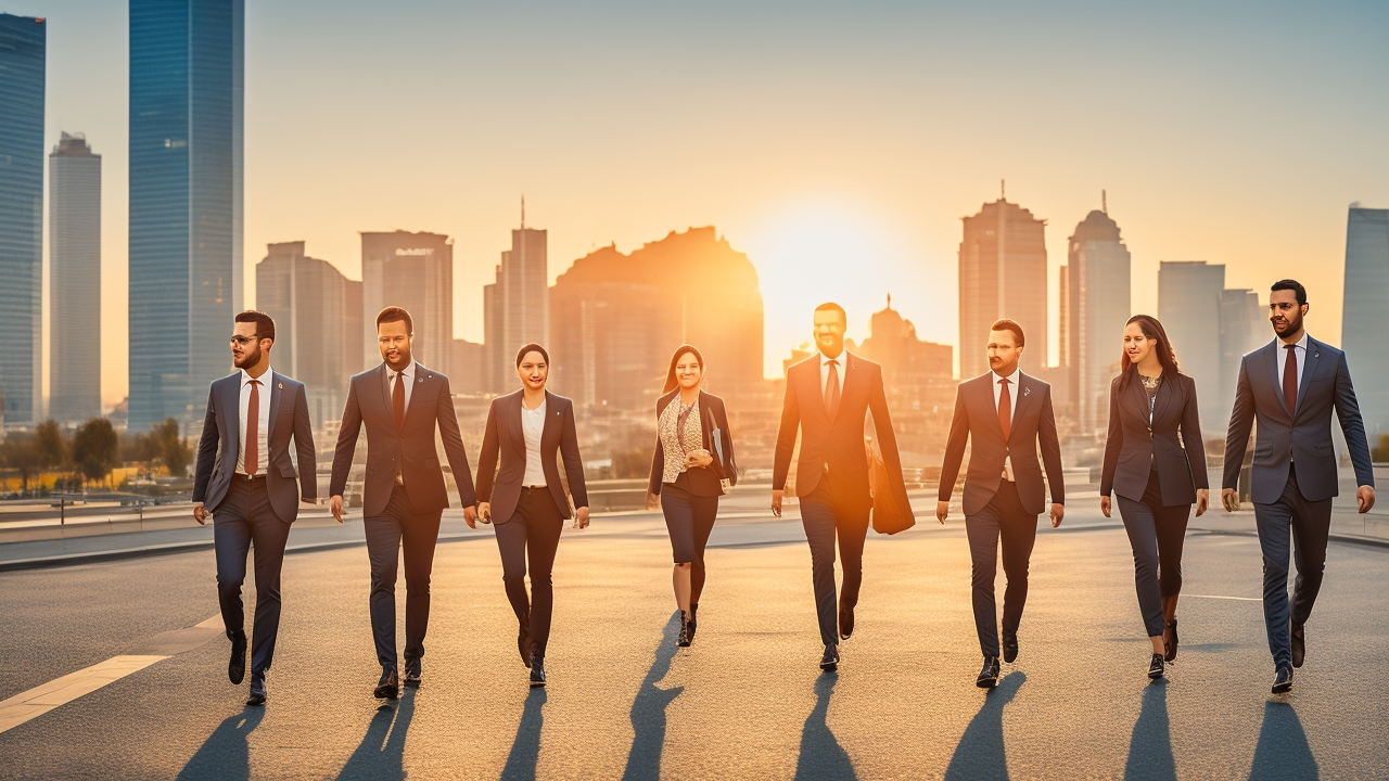 A professional business team of diverse expatriates confidently walking through a modern Istanbul office overlooking the city skyline at sunset, symbolizing seamless employee relocation and global mobility in Turkey.