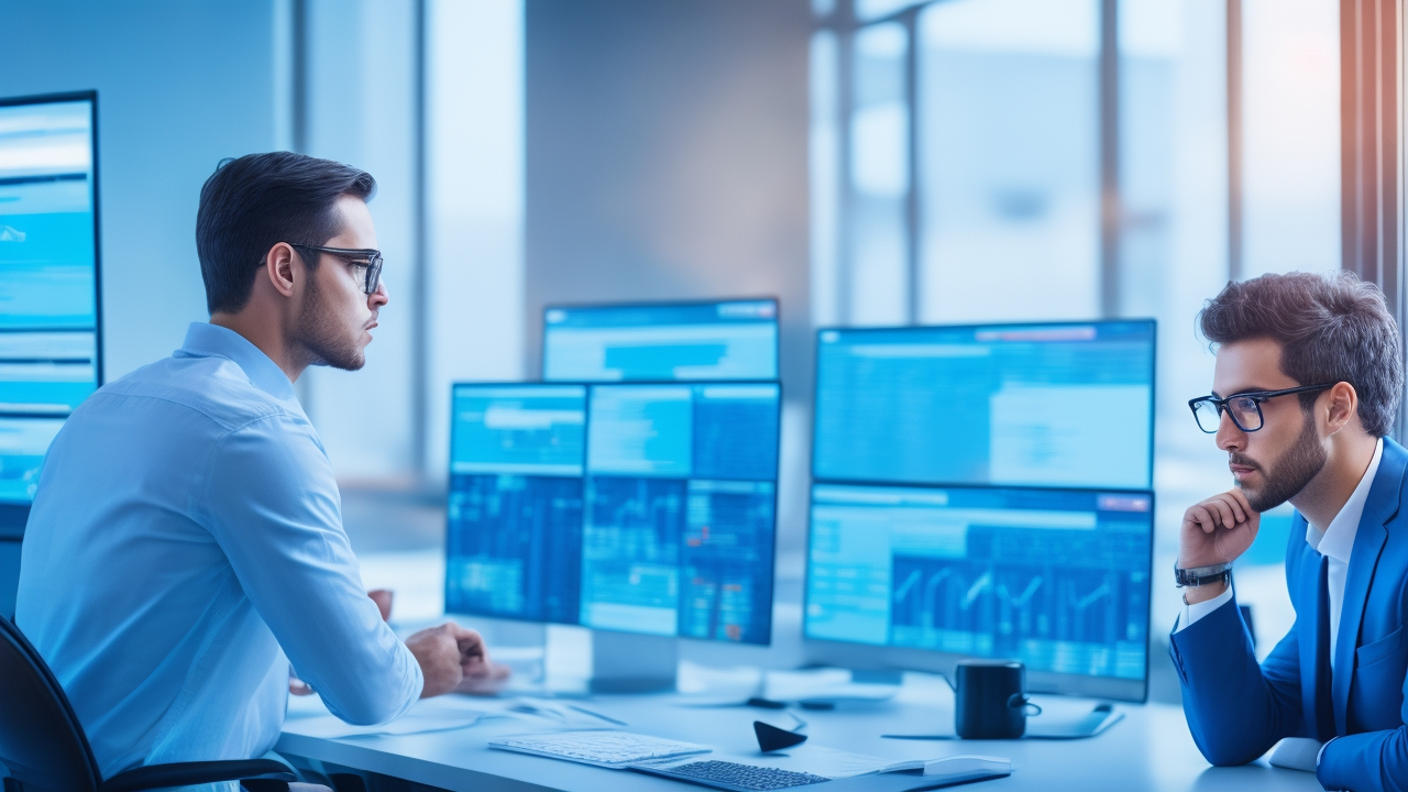 A focused young professional analyzing colorful digital data charts and keyword analytics on multiple sleek screens in a modern office, bathed in natural light, conveying advanced SEO strategy and innovation for tech startups in 2025.