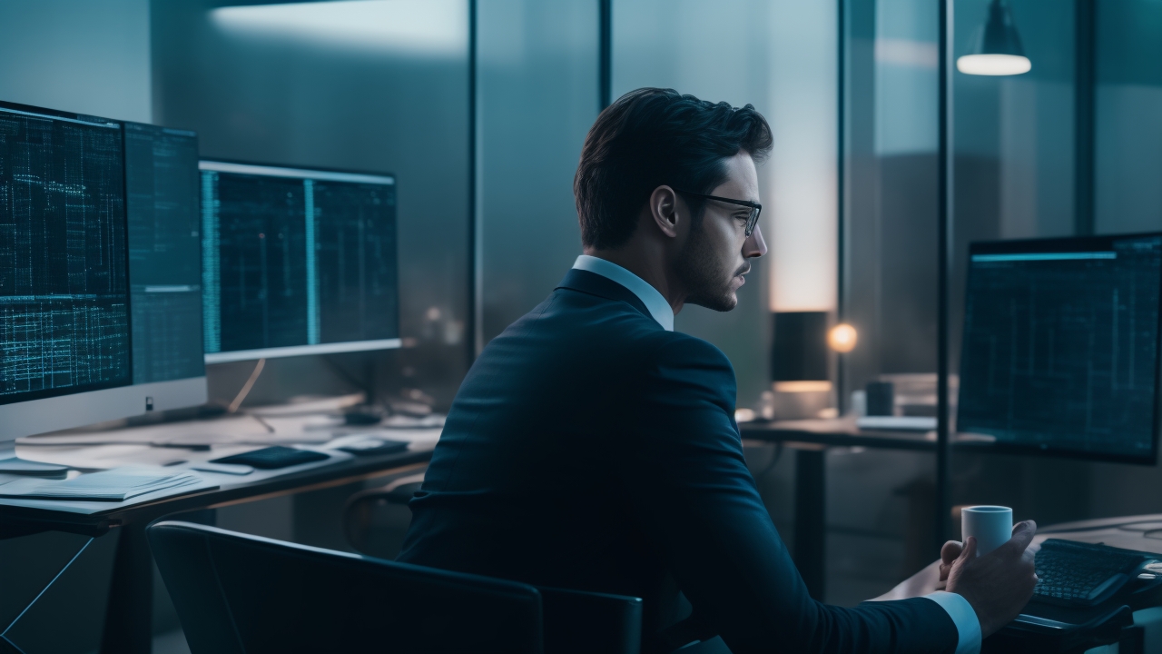 A cinematic close-up of a focused entrepreneur in a modern tech startup office, analyzing keyword data and SEO charts on multiple sleek screens, with ambient lighting highlighting innovation and digital strategy in action.