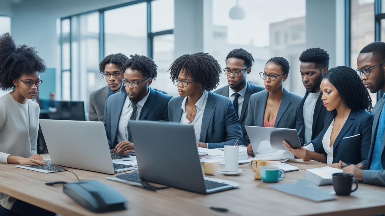 A cinematic editorial photo of a diverse group of focused tech entrepreneurs collaborating around a sleek laptop displaying SEO analytics and keyword data, set in a modern startup office bathed in natural light, capturing innovation, strategy, and dynamic teamwork.