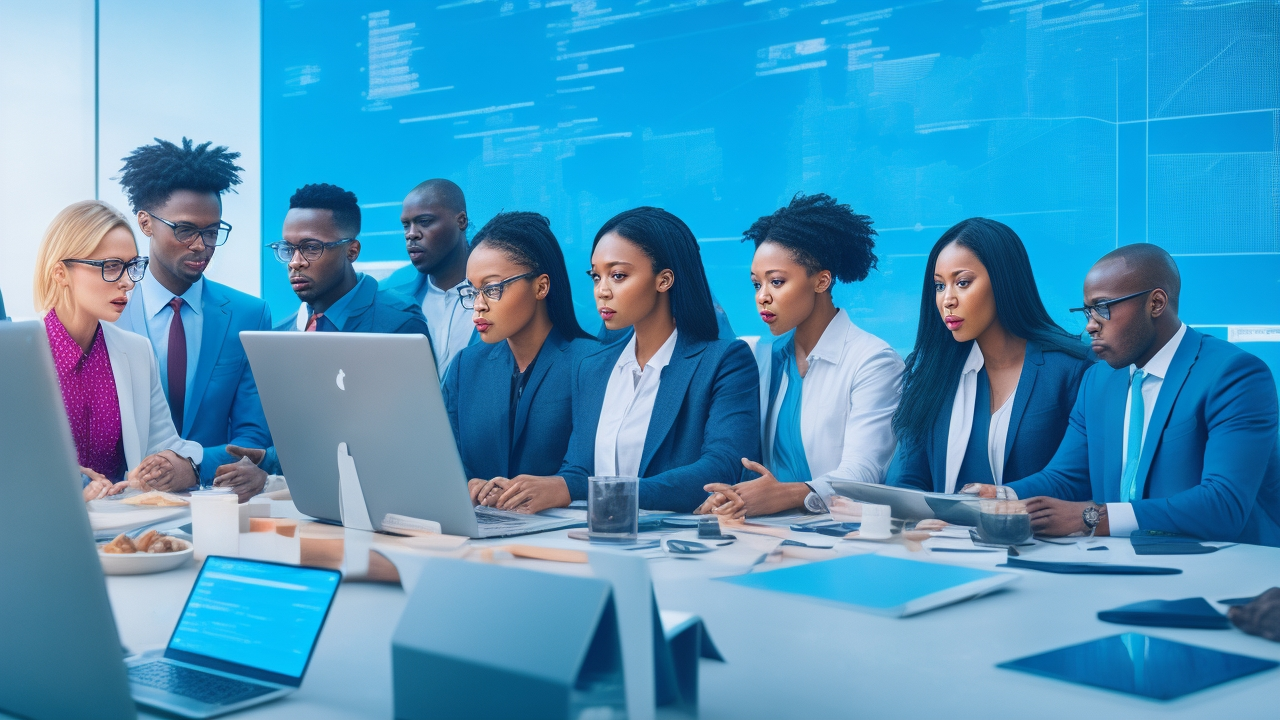 A cinematic editorial photo of a diverse group of tech entrepreneurs collaborating around a sleek digital workspace displaying abstract data visualizations and analytics, symbolizing the strategic blend of keywords and topics in SEO driving innovation and startup success.