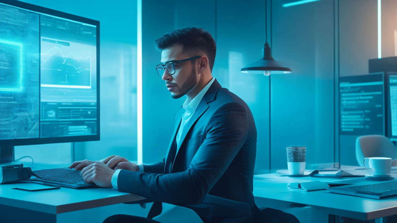 A cinematic editorial scene showing a focused tech entrepreneur analyzing a glowing digital interface displaying interconnected topic clusters and keywords, symbolizing modern SEO strategy and innovation in a sleek, high-tech workspace.