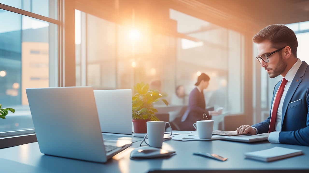 A focused HR professional in a modern office setting, reviewing payroll and compliance documents on a laptop, with soft natural light highlighting a calm, strategic atmosphere that conveys outsourcing routine tasks to enable innovation and leadership.