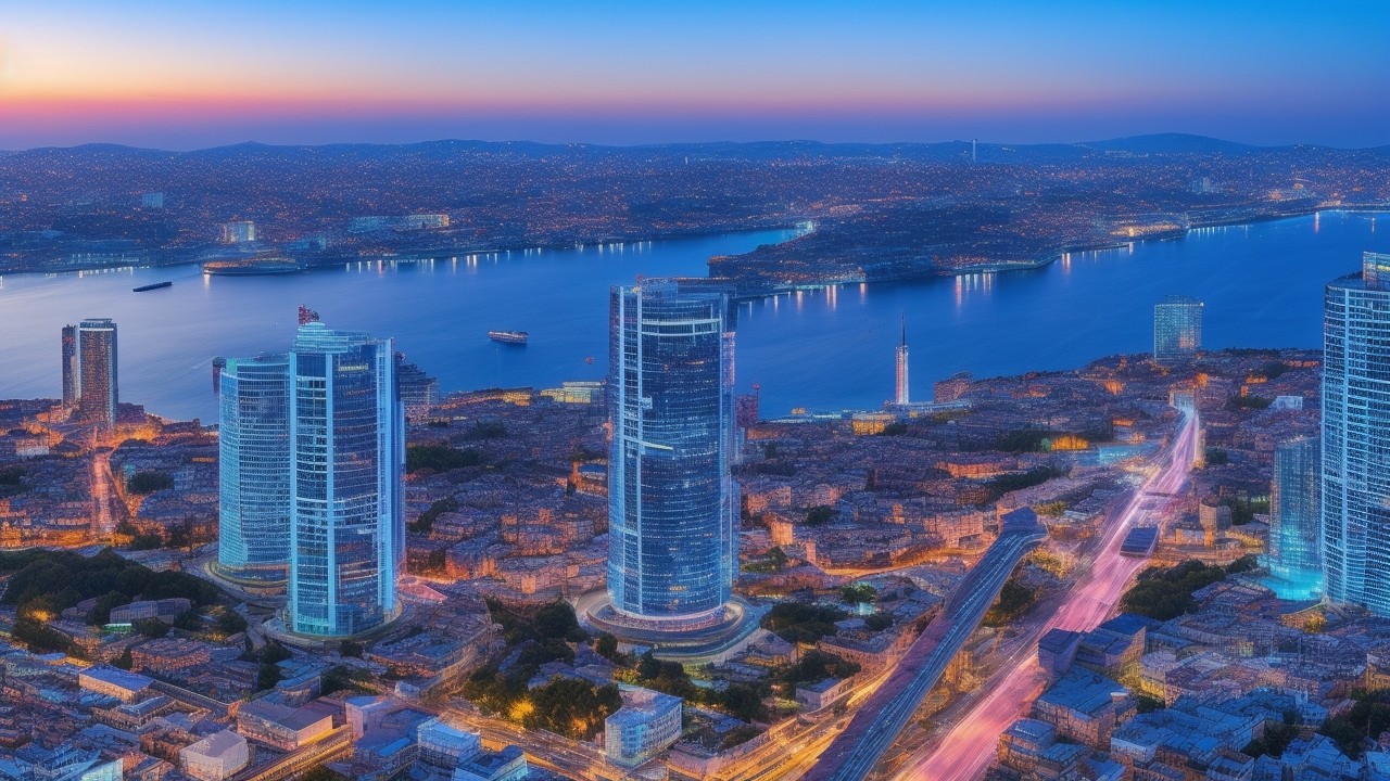 A cinematic aerial view of Istanbul’s modern skyline at dusk, featuring sleek office buildings with digital holographic overlays representing global workforce connectivity and seamless HR compliance, symbolizing Turkey’s innovative Employer of Record ecosystem shaping the future of global employment law in 2026.