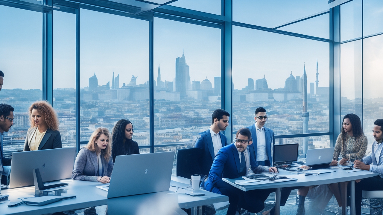 A dynamic, cinematic editorial photo of a diverse group of young tech professionals collaborating around modern laptops in a stylish office with Istanbul’s iconic cityscape visible through large windows, symbolizing innovation and startup growth in Turkey’s thriving tech ecosystem.