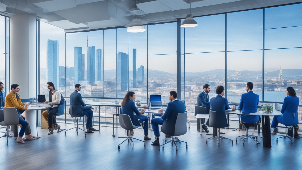 A cinematic, editorial-style photograph of a diverse group of tech entrepreneurs collaborating in a modern Istanbul co-working space, with the city's skyline visible through large windows, symbolizing global innovation and seamless local hiring in Turkey’s dynamic tech startup ecosystem.