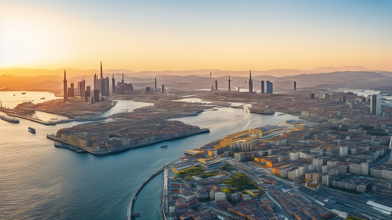 A cinematic aerial view of Istanbul’s sprawling business district at golden hour, showcasing modern skyscrapers, busy ports with shipping containers, and bustling cross-continental bridges symbolizing Turkey’s strategic gateway connecting Europe, Asia, and Africa, with diverse professionals collaborating subtly visible in sleek office interiors through glass façades.