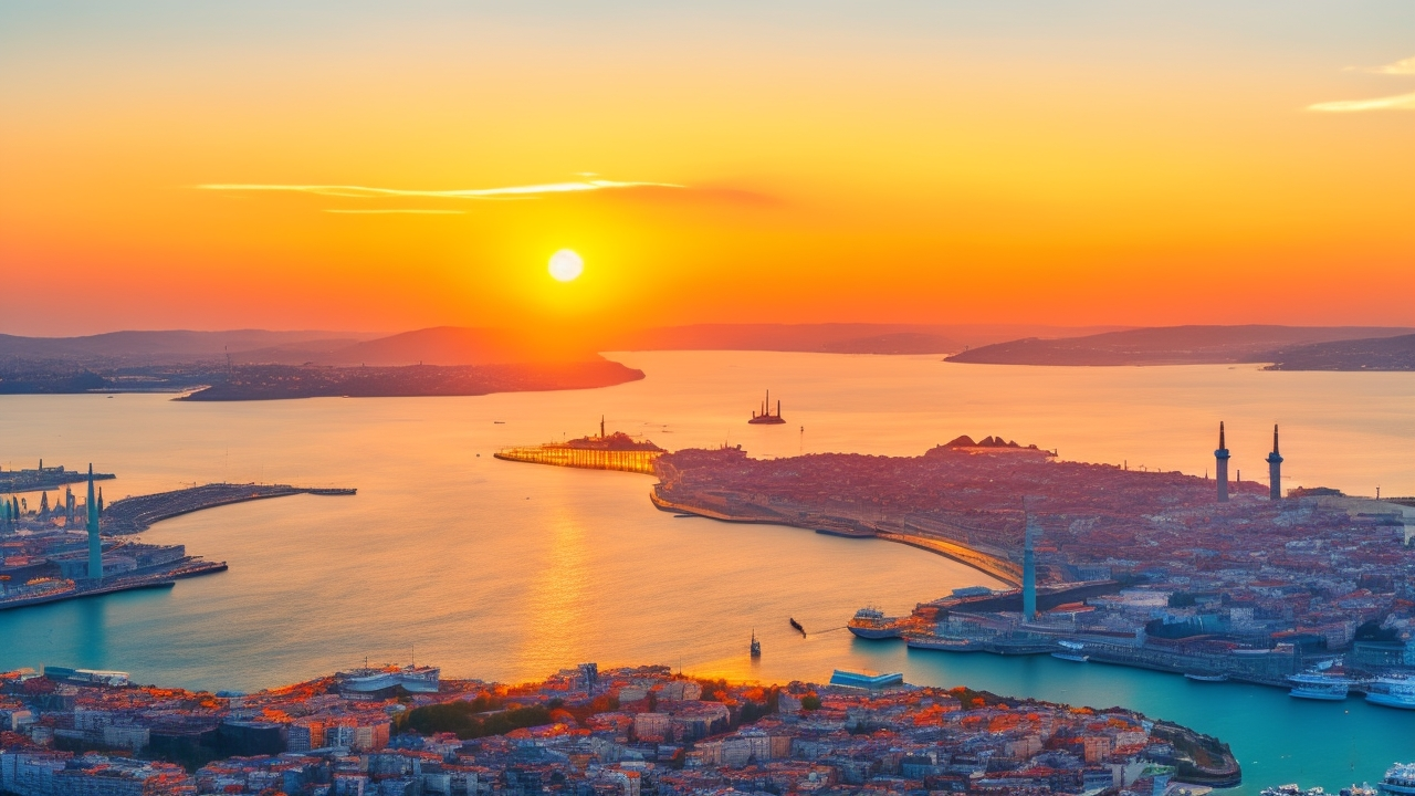 A cinematic aerial view of Istanbul at sunset showcasing bustling shipping ports, modern office skyscrapers, and energy infrastructure, symbolizing Turkey’s role as a dynamic cross-continental hub for regional workforce innovation and strategic business expansion across Europe, the Middle East, and North Africa.