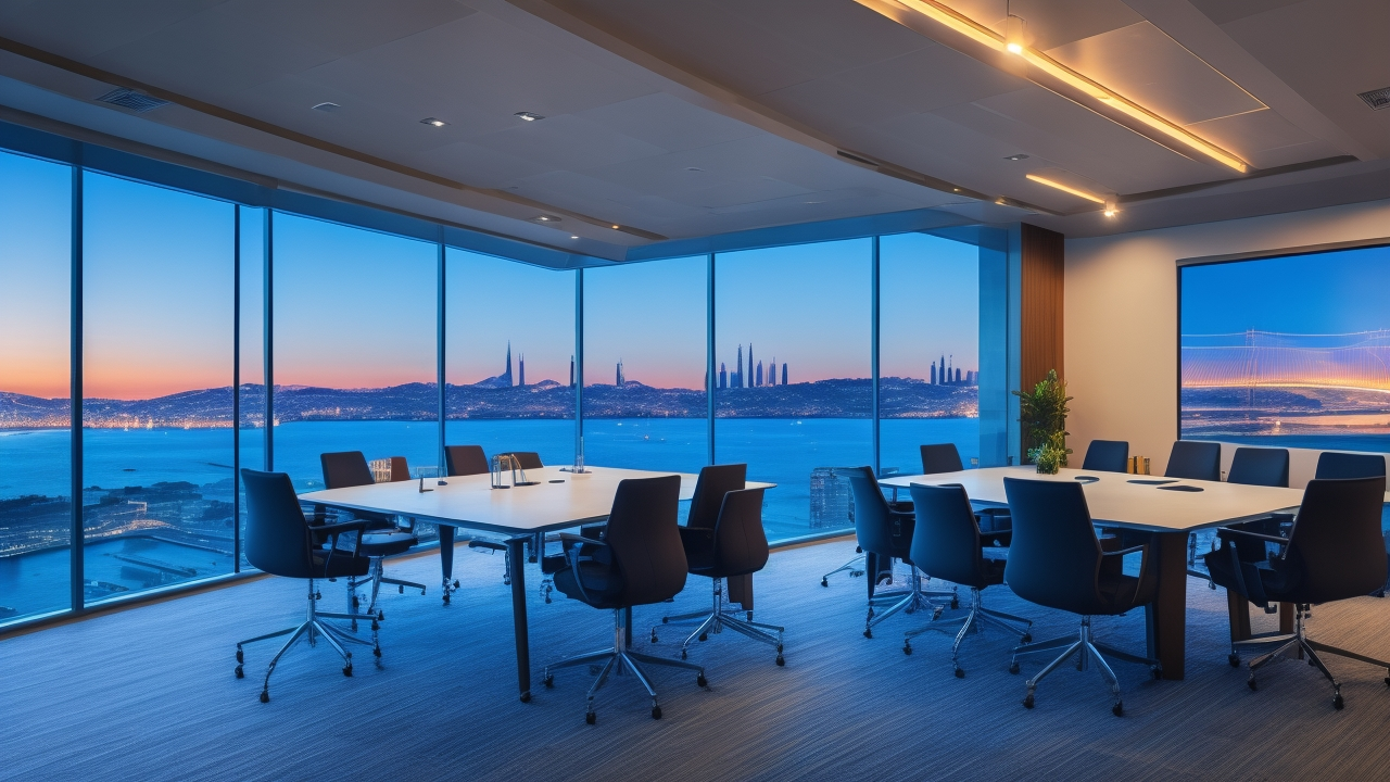 A sleek, modern office conference room with diverse financial professionals in business attire collaborating over digital tablets and laptops, a large window revealing a panoramic Istanbul cityscape at dusk with the Bosphorus Bridge subtly illuminated, capturing the dynamic energy of rapid market entry and innovation in Turkey’s evolving financial sector.