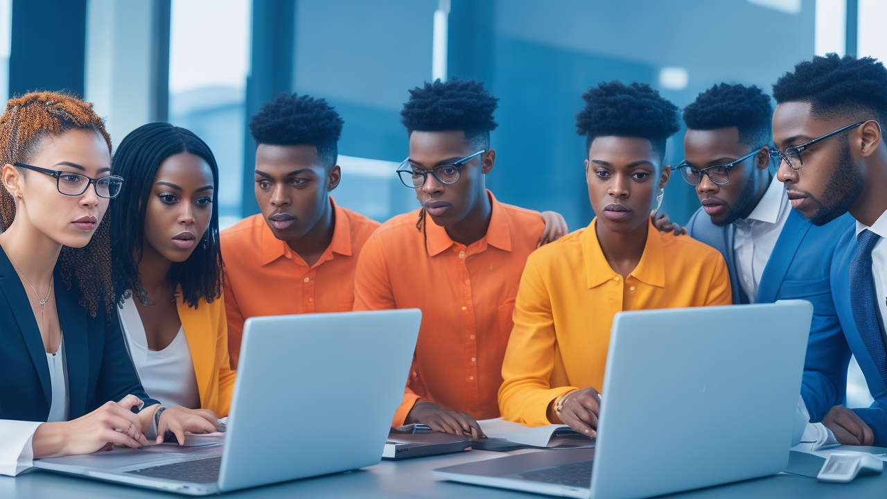 A cinematic editorial photograph of a focused diverse group of young tech entrepreneurs collaborating around a sleek laptop in a modern startup office, with dynamic charts and digital data visuals subtly reflected on their faces, capturing innovation, strategic planning, and the essence of mastering keyword-driven SEO success.