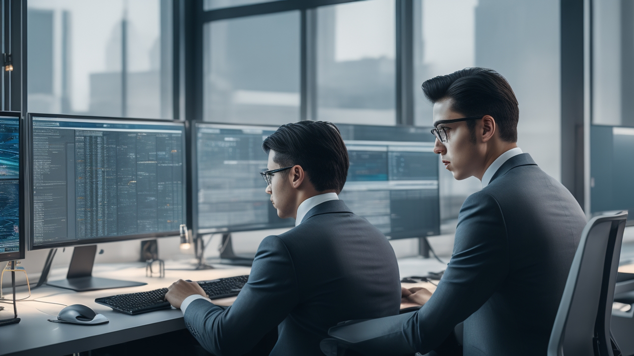 A cinematic editorial photo of a focused young tech entrepreneur analyzing SEO data and keyword trends on multiple sleek monitors in a modern startup office, bathed in soft natural light, with digital graphs and code subtly reflected on the glass surfaces, conveying innovation, strategy, and growth in the tech business world.