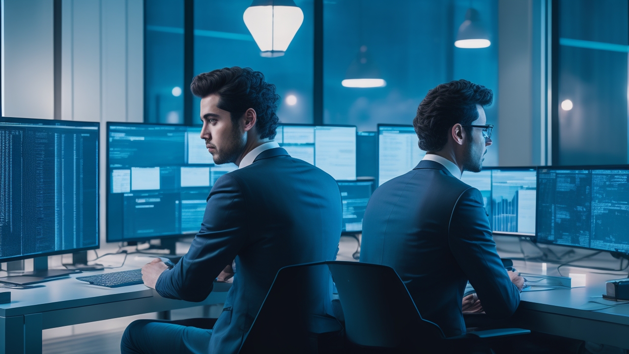 A cinematic editorial photo of a focused young tech entrepreneur working late at a sleek modern desk surrounded by multiple screens displaying abstract data and search analytics, with a dimly lit startup office background symbolizing innovation and strategic digital growth.