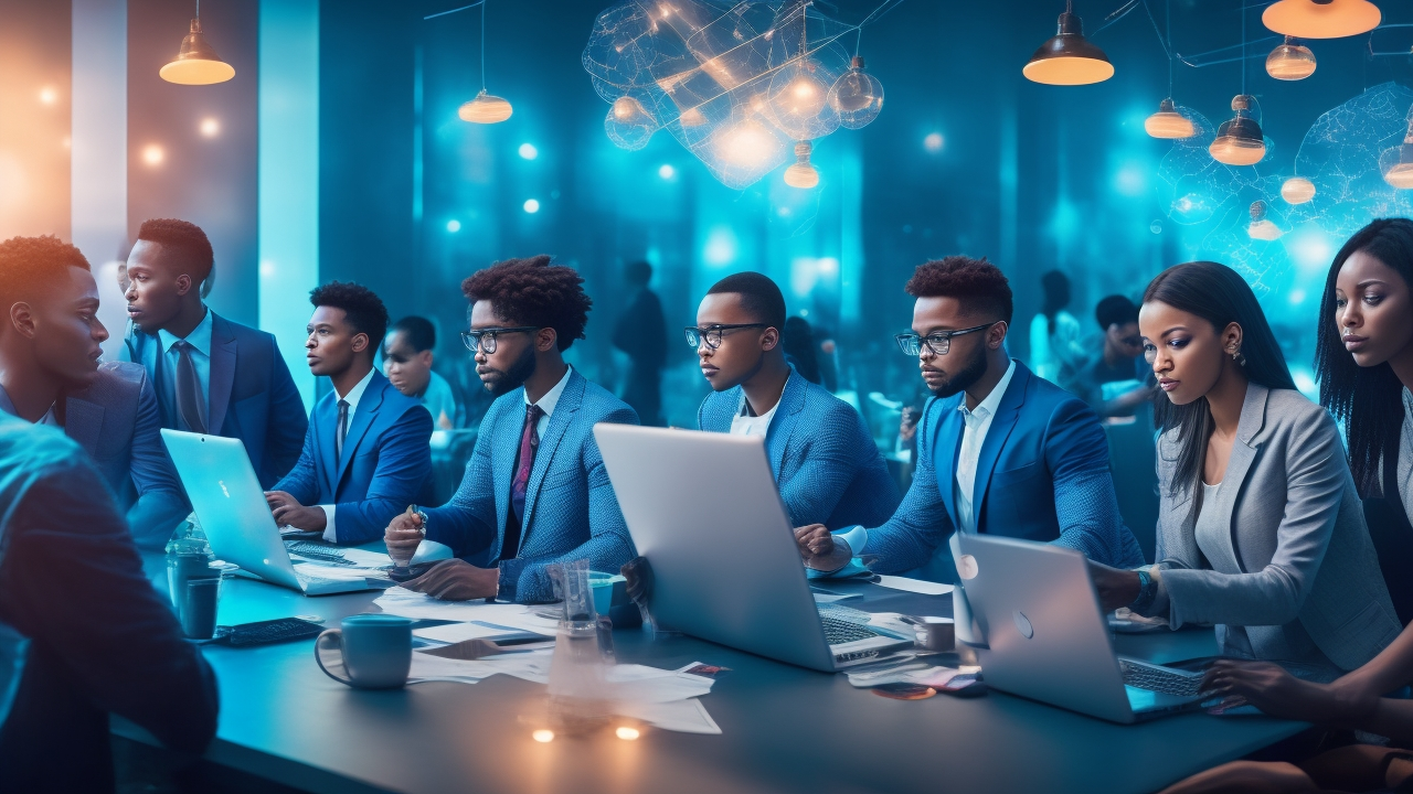 A cinematic editorial photo of a diverse group of young entrepreneurs collaborating over digital devices in a modern tech office, surrounded by floating digital icons representing interconnected keywords and broad topic clusters, with ambient lighting emphasizing innovation and strategic thinking for future-focused SEO success.
