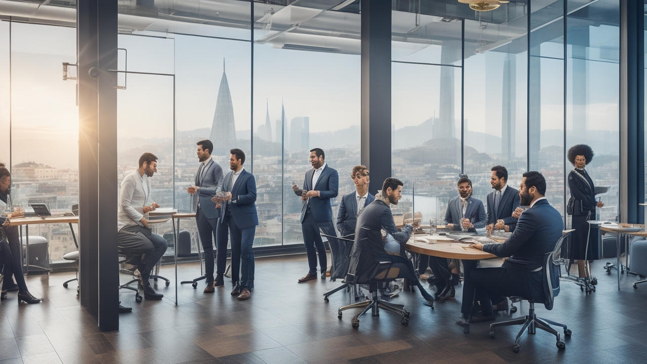 A dynamic, cinematic shot of a diverse group of tech professionals collaborating in a modern Istanbul co-working space, with iconic cityscape views blending European and Asian architectural elements through large windows, symbolizing innovation, global connectivity, and seamless business growth in Turkey’s tech startup ecosystem.