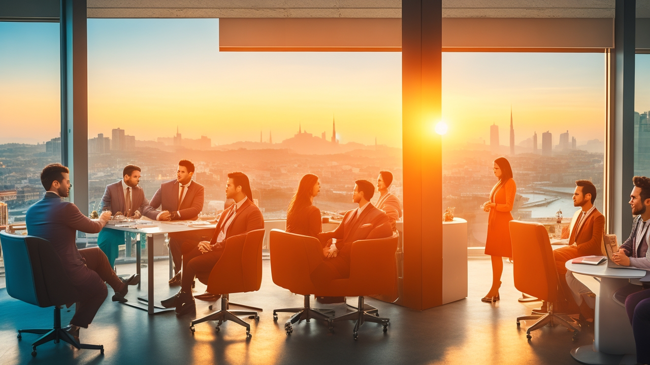 A cinematic editorial photograph of a diverse group of tech startup professionals collaborating in a modern Istanbul co-working space overlooking the city skyline at sunset, symbolizing global expansion and seamless integration through Employer of Record services in Turkey.