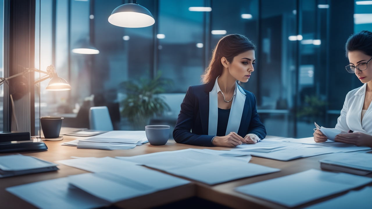 A professional HR manager reviewing organized personnel files and documents in a modern office setting with subtle Turkish cultural elements, conveying compliance and meticulous audit preparation under soft cinematic lighting.