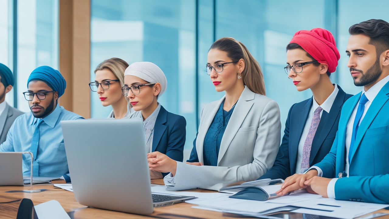 A professional business setting showing a diverse team in modern office attire collaborating over documents and digital devices with subtle Turkish cultural elements in the background, captured in warm natural light with a cinematic, editorial-quality composition.