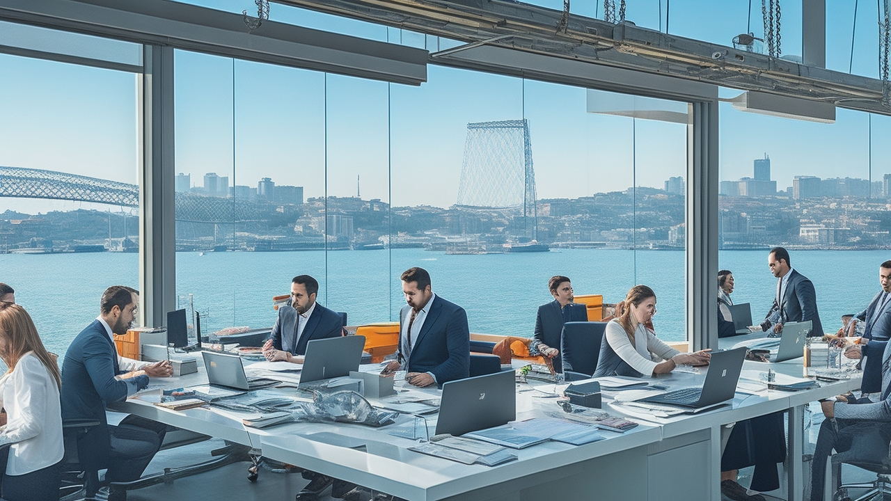 A dynamic office scene in Istanbul featuring a diverse team of tech professionals collaborating over laptops and documents, with the iconic Bosphorus Bridge visible through a large window in the background, bathed in warm natural light symbolizing rapid market entry and strategic business growth.