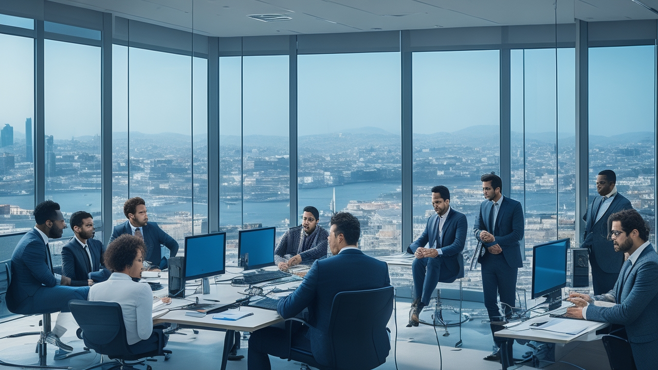 A cinematic editorial image of a diverse team of tech entrepreneurs collaborating in a modern Istanbul office, with a subtle overlay of Turkish cityscape visible through large windows, conveying business strategy and financial planning around Employer of Record pricing without any visible text or logos.