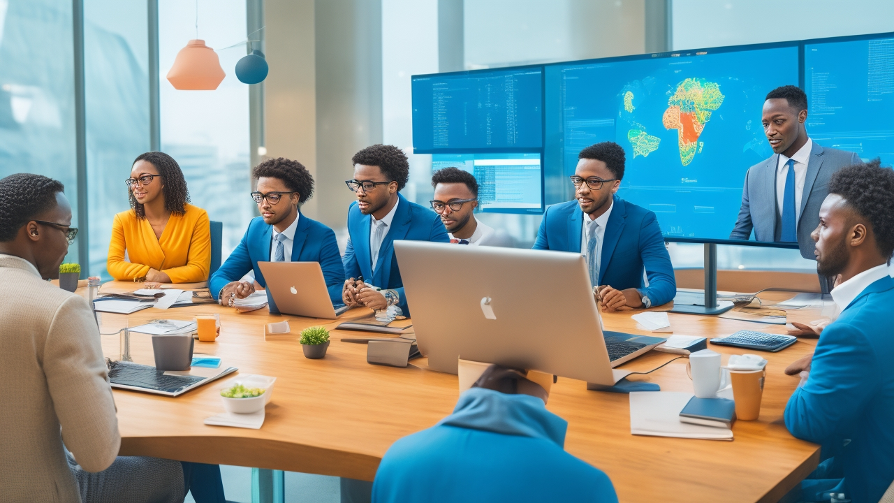A diverse group of tech entrepreneurs and remote employees engaged in a dynamic global video conference, surrounded by digital interface elements symbolizing compliance, payroll, and international connections, set in a modern office with natural light and a cinematic, editorial tone.