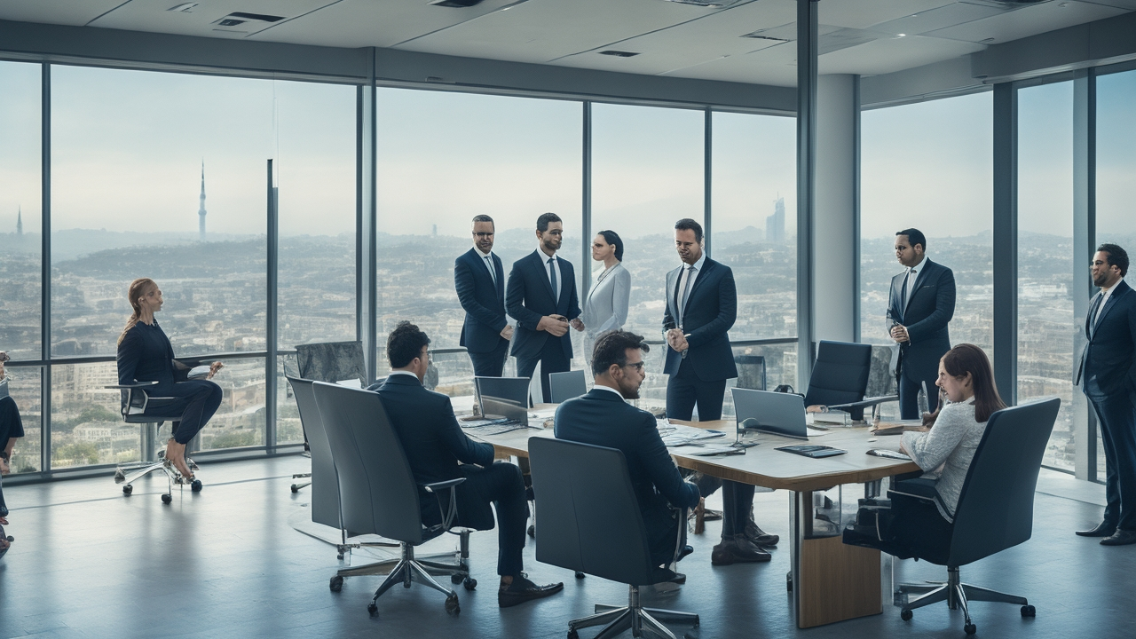 A cinematic editorial image showing a diverse group of professional business people in a modern office overlooking Istanbul’s skyline, engaged in a serious discussion around employment contracts and legal documents, symbolizing the balance between fixed-term and indefinite work agreements under evolving Turkish labor laws.
