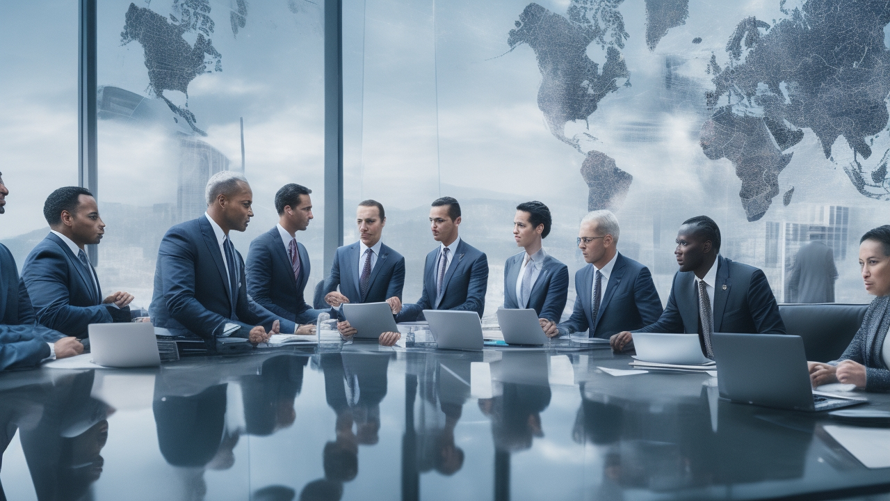 A cinematic editorial photograph of a diverse group of professional businesspeople in a modern office setting, collaboratively discussing global finance strategies with digital maps and currency symbols subtly reflected on glass walls, evoking cross-border payments and international payroll management centered on Turkey’s dynamic market.
