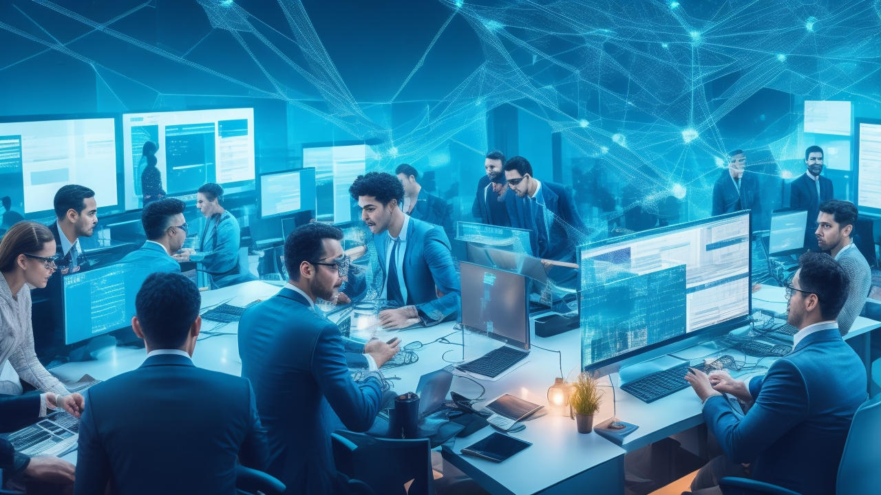 A dynamic, cinematic editorial image of a diverse team of professionals collaborating over digital devices in a modern Istanbul office setting, with subtle visual cues of data security—such as holographic data streams or glowing network nodes—superimposed in the background to symbolize data localization and compliance within Türkiye's innovative tech ecosystem.