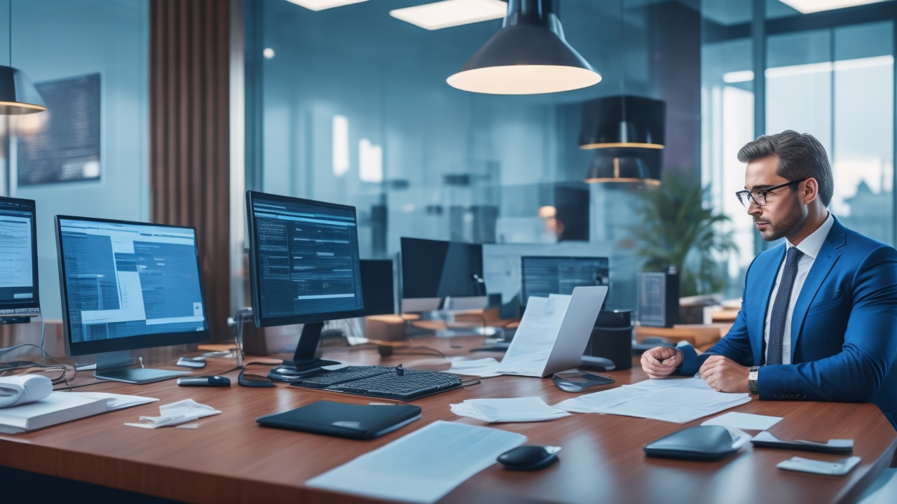 A focused HR manager in a modern office reviewing detailed employee disciplinary files and documents, surrounded by legal books and digital screens displaying charts, capturing a serious, professional atmosphere that conveys compliance and meticulous workplace policy enforcement in a Turkish corporate setting.