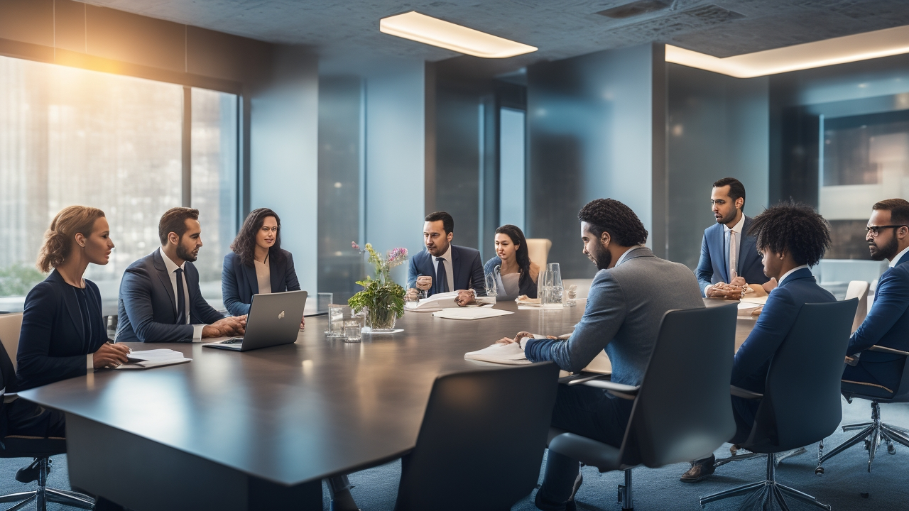 A diverse group of professional colleagues engaged in a thoughtful discussion around a modern office table, reflecting trust and collaboration in a culturally rich Turkish workplace setting, cinematic lighting emphasizing connection and empathy.