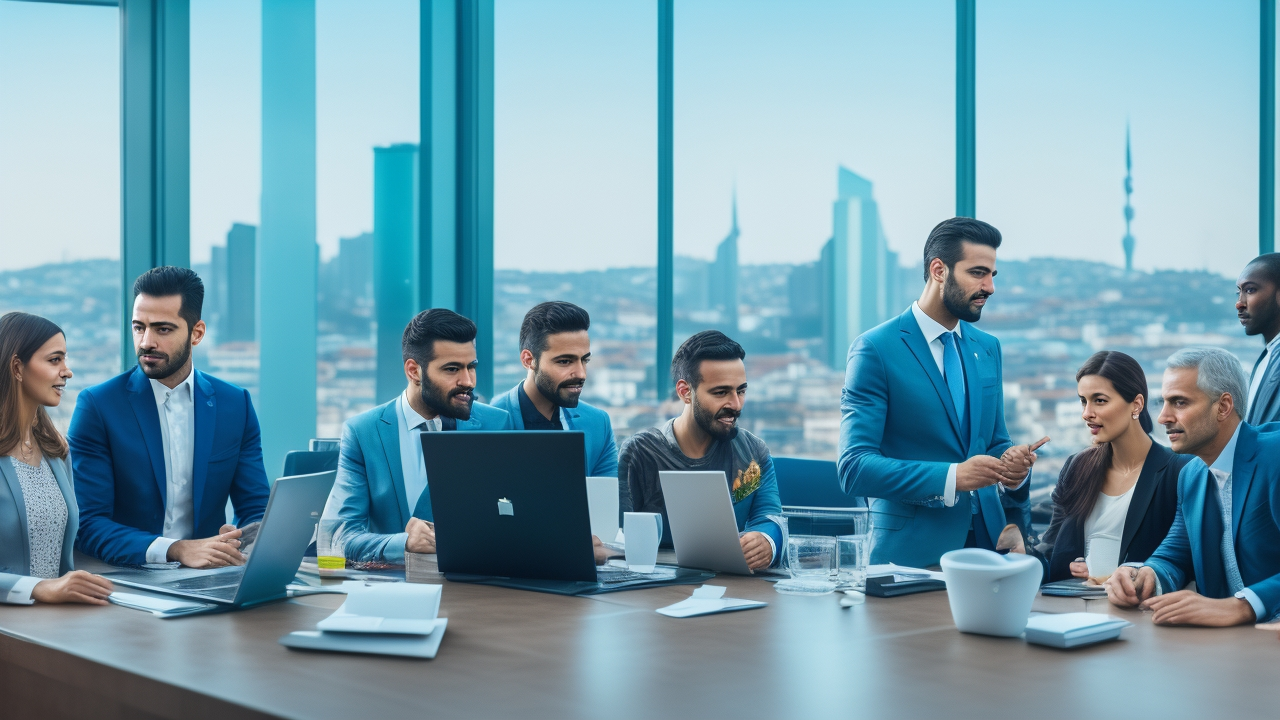 A cinematic editorial image of a diverse group of modern professionals collaborating around a digital leave calendar on a sleek tablet in a bright Istanbul office, with Bosphorus views and Turkish cityscape softly blurred in the background, conveying innovation, teamwork, and work-life balance in Türkiye’s dynamic tech startup environment.