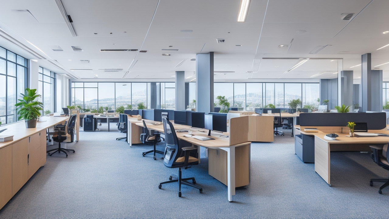 A modern, bright Turkish office with diverse professionals collaborating confidently around ergonomic desks, safety equipment subtly visible, and a calm, focused atmosphere highlighting workplace safety and compliance.