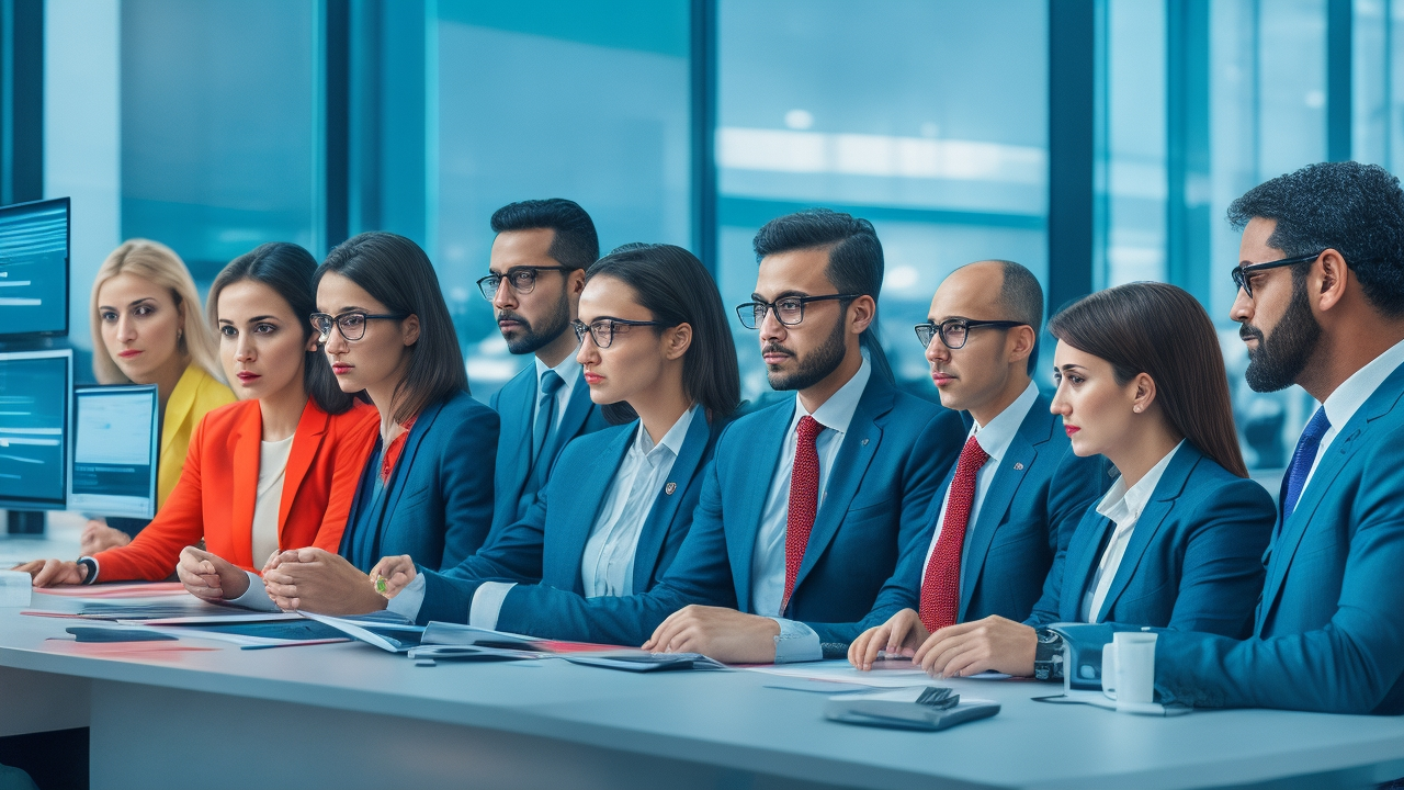 A cinematic editorial photograph of a diverse team of professional HR leaders and tech entrepreneurs in a modern Istanbul office, collaboratively reviewing digital documents on transparent screens with abstract data privacy symbols subtly reflected, conveying focused compliance with employee data protection laws in Turkey’s innovative startup environment.