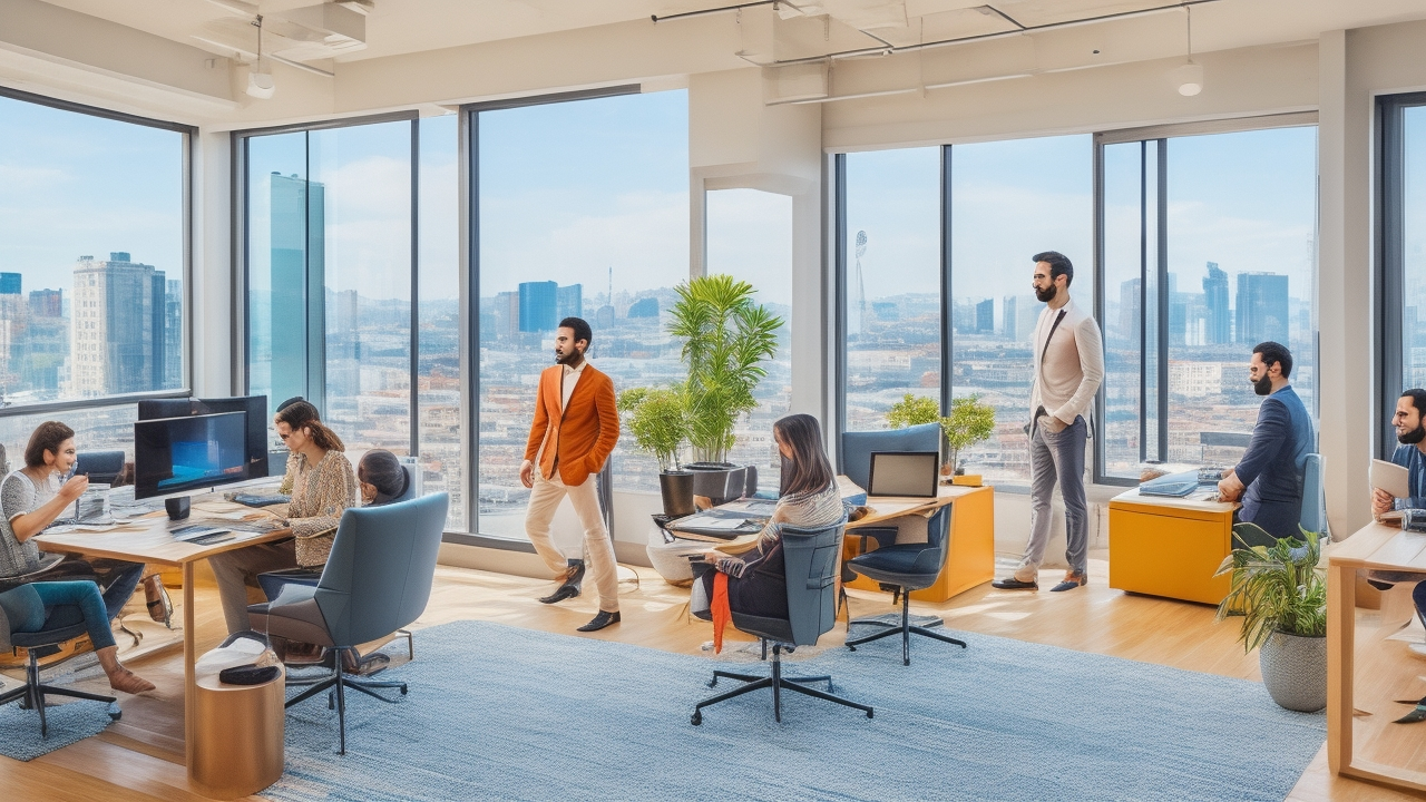 A diverse group of remote tech professionals collaborating from stylish home offices in a modern İstanbul apartment, featuring sleek laptops, ergonomic setups, and vibrant cityscape views through large windows under warm natural light, conveying innovation, compliance, and productivity in Türkiye’s evolving remote work landscape.