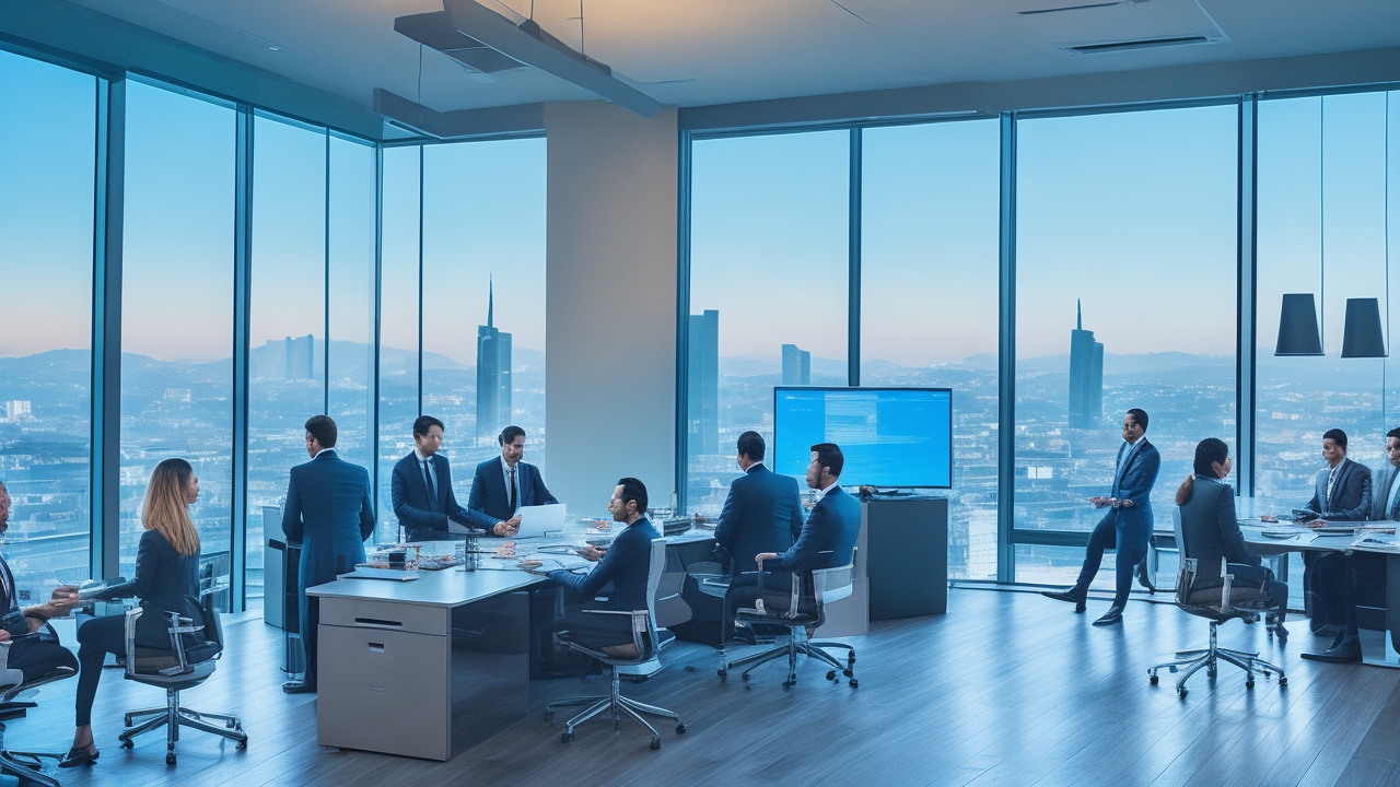 A professional business setting in a modern Istanbul office, showing a diverse group of serious executives and HR specialists engaged in a focused discussion around termination paperwork and laptop screens, with soft cinematic lighting highlighting a cityscape view through large windows symbolizing Türkiye’s dynamic economy and tech innovation.