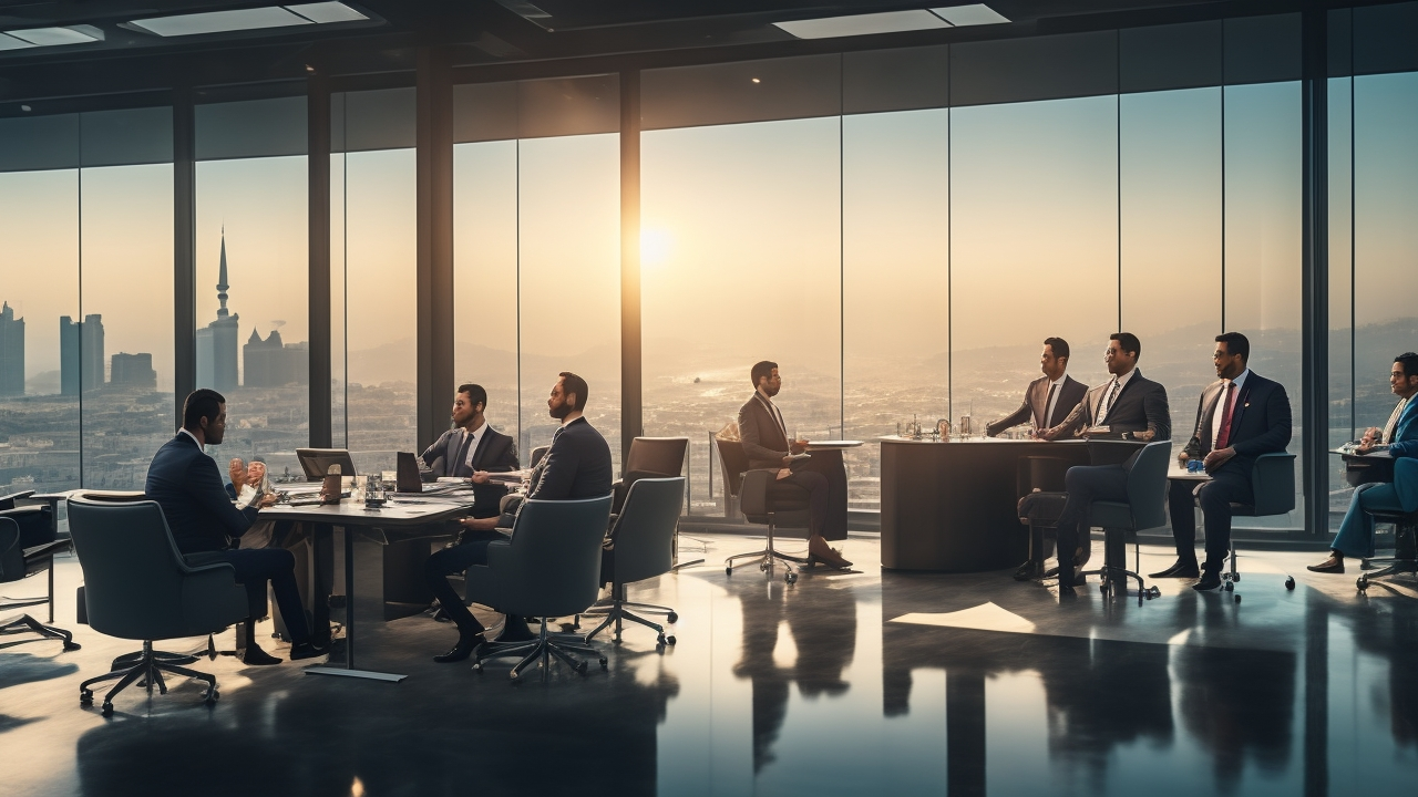 A professional business meeting in a modern office overlooking Istanbul's skyline, featuring diverse foreign employees and Turkish managers engaged in collaboration, with subtle elements suggesting immigration paperwork and technology, bathed in warm cinematic lighting.