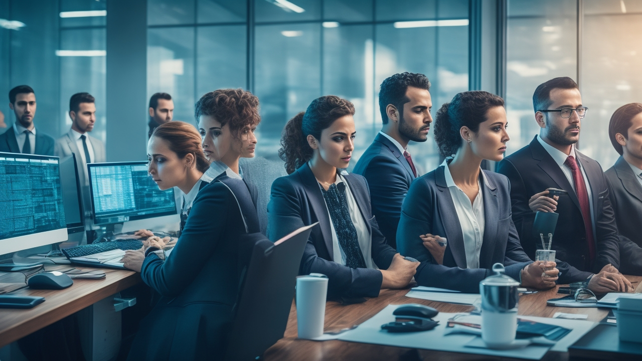 A cinematic editorial photo of a diverse group of professionals in a modern Turkish office, focused on digital timekeeping and analyzing work schedules on multiple screens, glowing with warm natural light to emphasize precision and compliance in managing overtime rules.