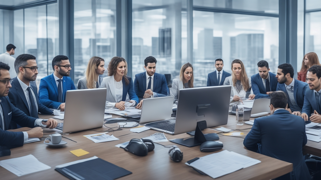 A cinematic editorial photo of a diverse group of focused professionals collaborating in a modern Istanbul tech office, with subtle symbols of law and compliance such as contract papers and digital performance charts on sleek desks, capturing the dynamic energy of startups navigating Turkey’s probation period regulations.