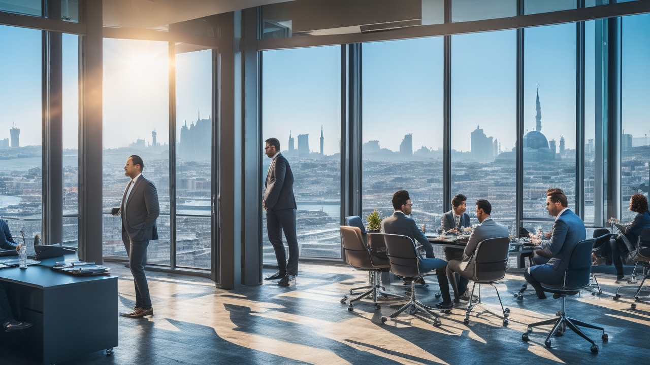 A professional business meeting scene in a modern Istanbul tech startup office, showing diverse entrepreneurs and contractors discussing contracts and compliance documents with focused expressions, illuminated by warm natural light through large windows overlooking the city skyline, conveying the careful navigation of contractor risks and legal complexities in Turkey’s innovation ecosystem.