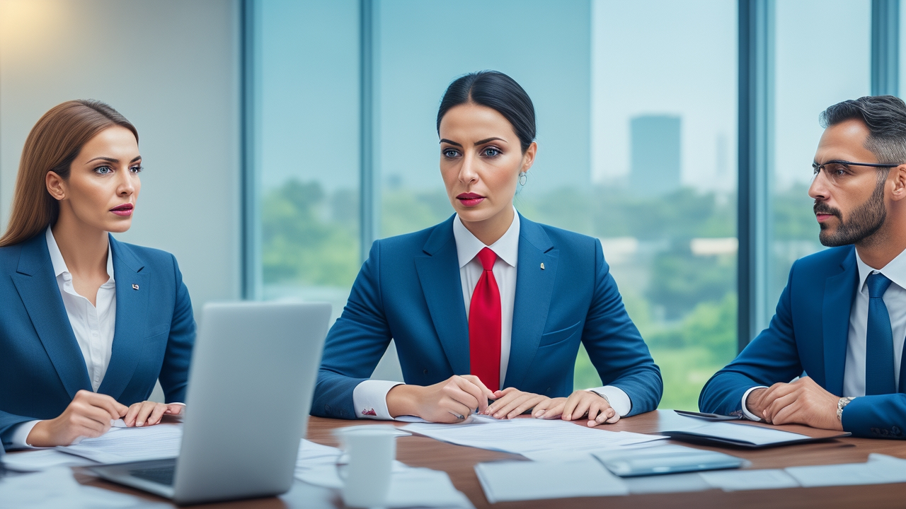 A professional businesswoman and businessman in a modern Turkish office, engaged in a serious discussion over legal documents with a subtle Turkish flag softly blurred in the background, capturing the balance of legal compliance and competitive business strategy in a cinematic, editorial style.
