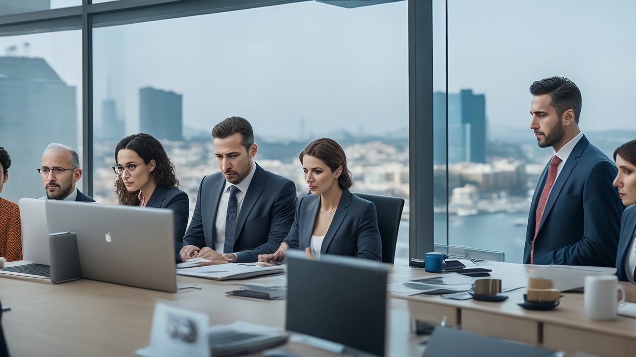 A cinematic editorial photo of a diverse group of professionals in a modern Turkish office, focused on a laptop screen displaying complex payroll spreadsheets, with subtle Turkish cultural elements like a Bosphorus view through the window and soft natural lighting conveying the seriousness and precision of managing social security, taxes, and compliance.