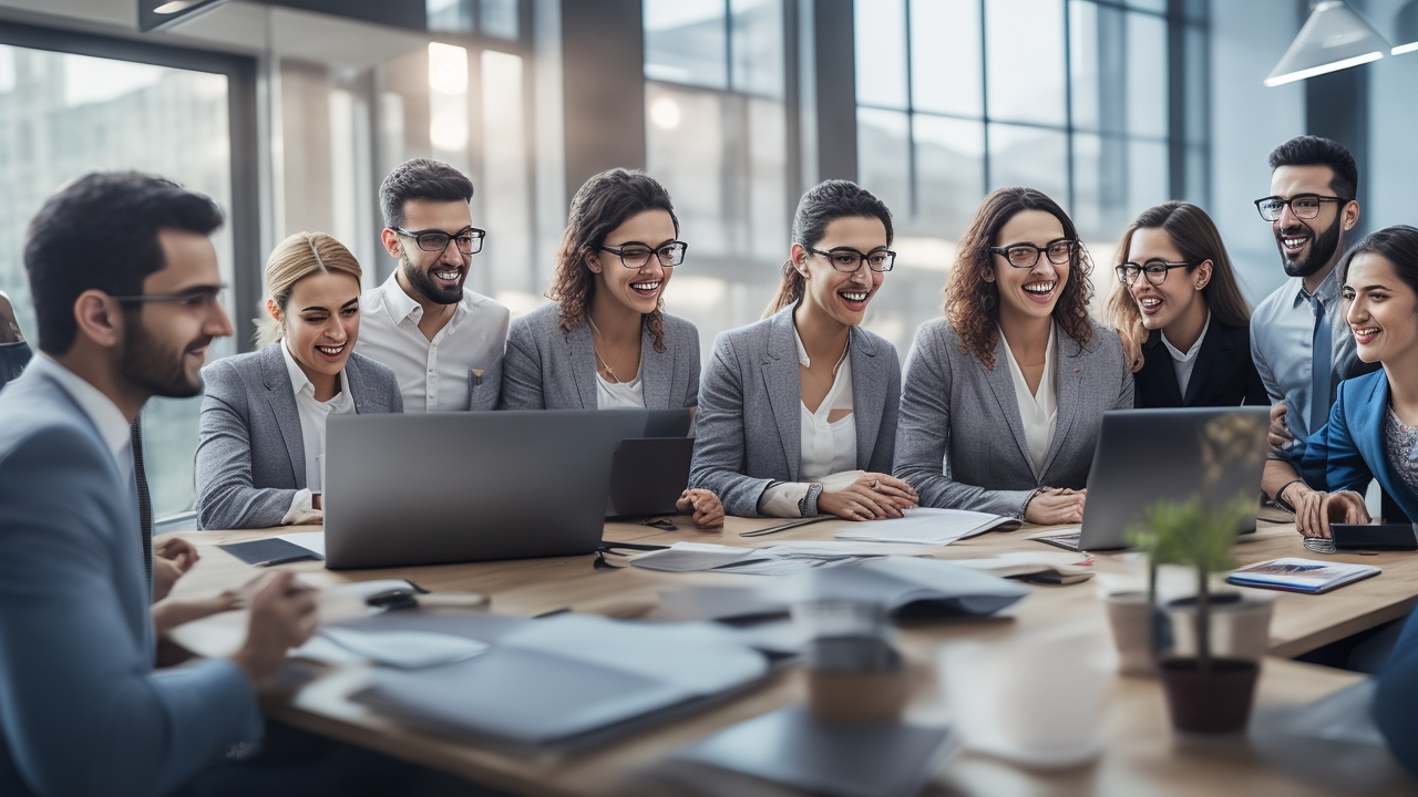 A dynamic, cinematic editorial photo of a diverse group of professional Turkish startup employees collaborating enthusiastically around a sleek office table with modern tech devices, warm natural lighting highlighting their engaged expressions symbolizing innovation, shared success, and empowered teamwork driving growth through equity and incentives in Turkey’s vibrant business landscape.