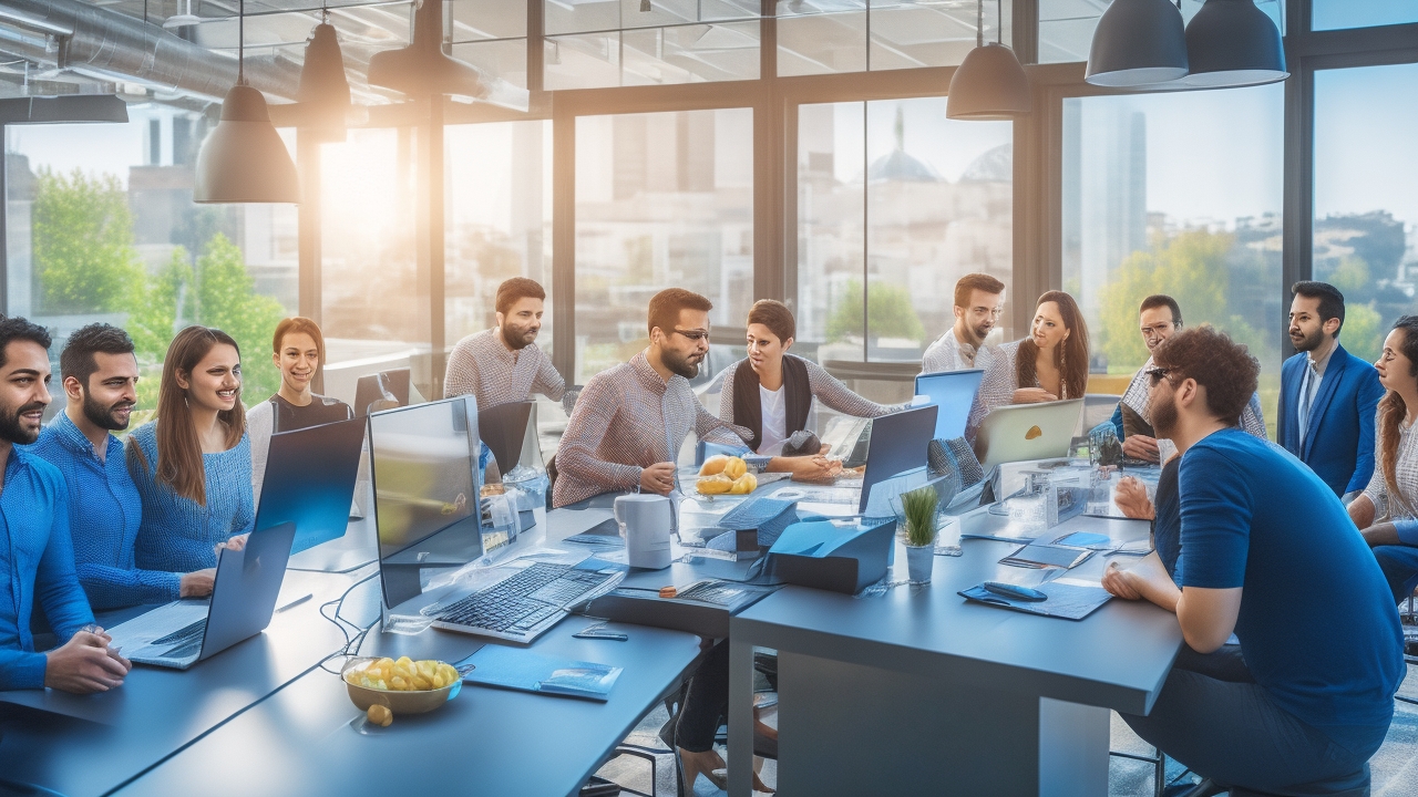 A diverse group of professional tech startup employees in a modern Istanbul office, engaged in collaboration and discussion, with warm natural light highlighting a mix of statutory and innovative employee benefits symbols like health insurance cards, meal vouchers, and digital devices displaying benefits data in the background, capturing the dynamic fusion of legal compliance and competitive perks fueling Turkey’s innovation ecosystem.