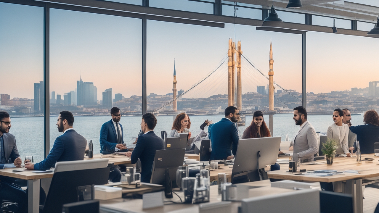 A dynamic, cinematic shot of a diverse team of tech professionals collaborating in a modern Istanbul co-working space, with the iconic city skyline and Bosphorus Bridge softly blurred in the background, symbolizing seamless global expansion and innovation through Turkey’s thriving startup ecosystem.