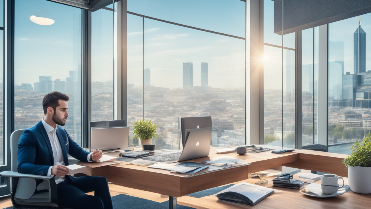 A confident entrepreneur reviewing Turkish employment contracts at a sleek modern office desk, surrounded by digital compliance checklists and legal documents, with a cityscape of Istanbul visible through large windows in soft natural light, conveying professionalism and careful navigation of complex hiring regulations.