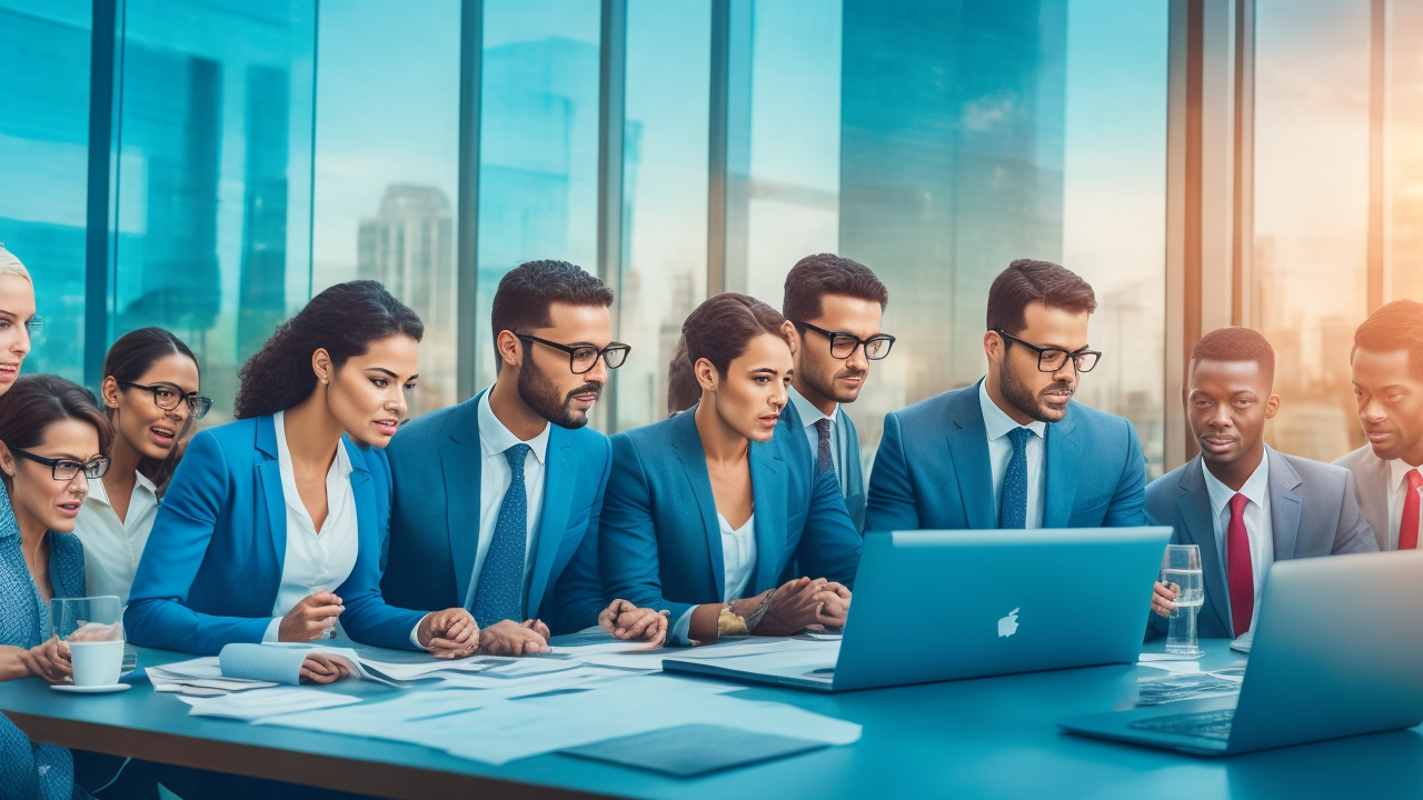 A cinematic editorial photo of diverse professionals collaborating around a digital tablet in a modern office, symbolizing seamless global payroll migration and strategic HR partnership amid a vibrant cityscape representing international business growth.