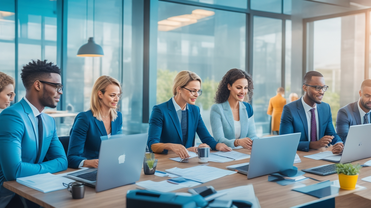 A diverse group of confident, professional people collaborating around a sleek modern office table with digital devices and paperwork, bathed in natural light symbolizing a smooth global payroll migration and strategic HR transition.