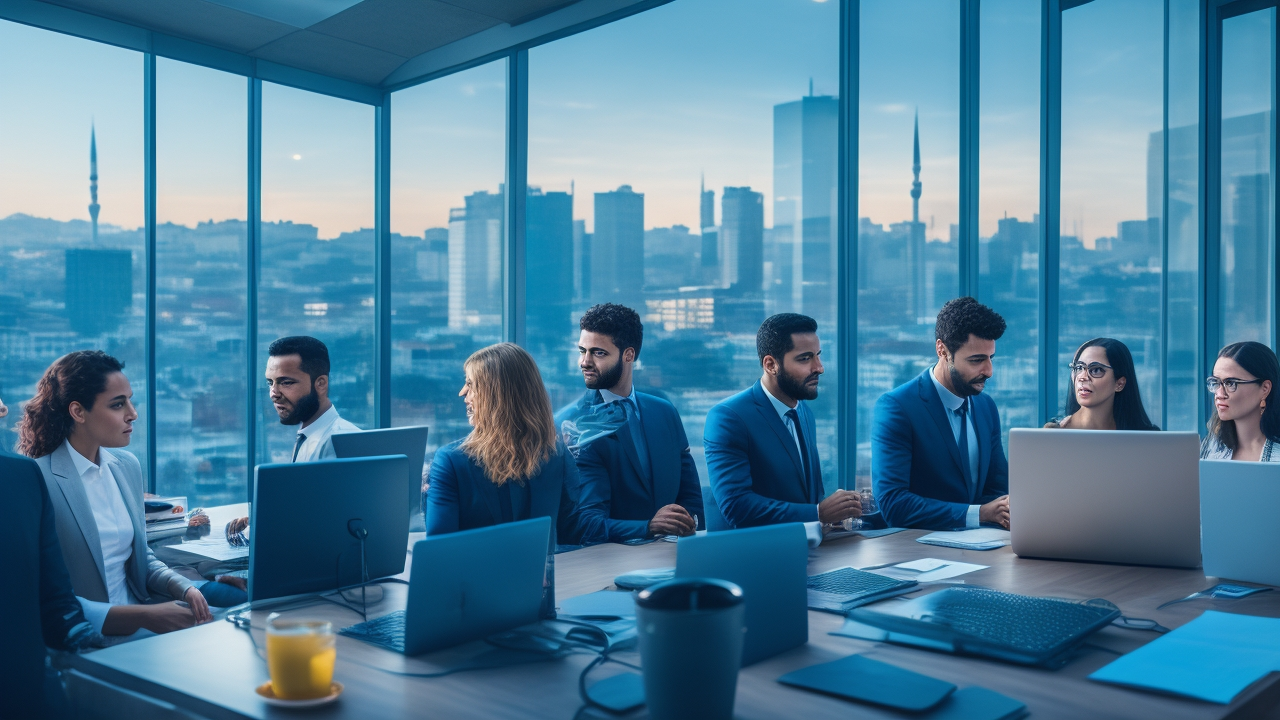 A cinematic editorial photograph of a confident diverse team of tech entrepreneurs and professionals in a modern Turkish office, collaborating over business plans and laptops with Istanbul cityscape visible through large windows, symbolizing strategic growth and transition from Employer of Record to an independent company.
