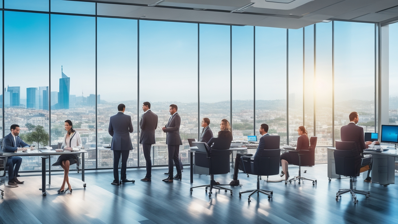 A cinematic editorial photo of diverse tech professionals collaborating in a modern Turkish office space with Istanbul cityscape visible through large windows, symbolizing global hiring innovation and seamless hybrid work integration.